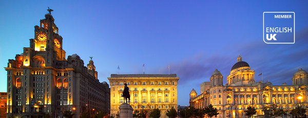 Liverpool city scene with English UK member logo